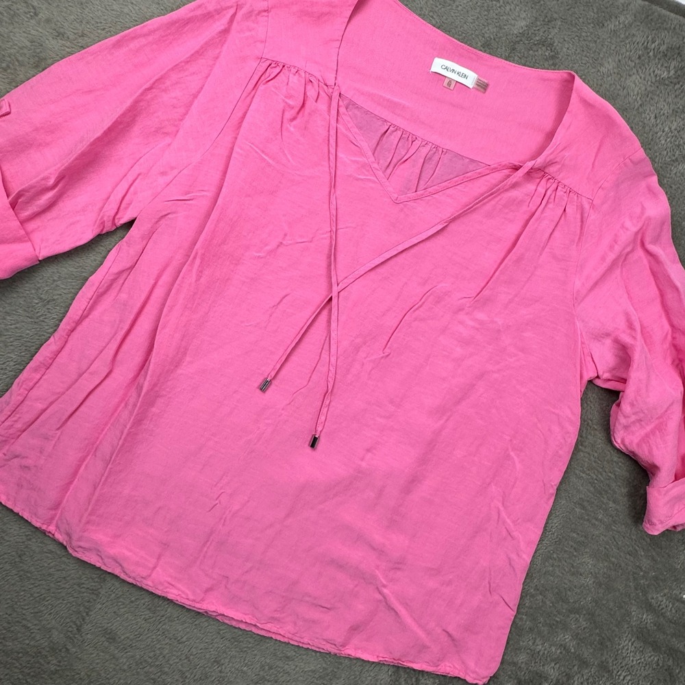 Calvin Klein Blouse Womens XL Pink Excellent Linen Blend Roll Tab Sleeve Top